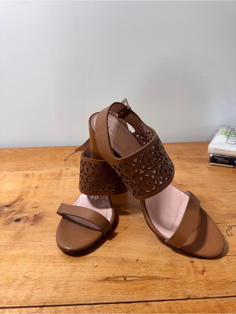Kate Spade New York "Imani" Laser-Cut Leather Sandal in a caramel tan